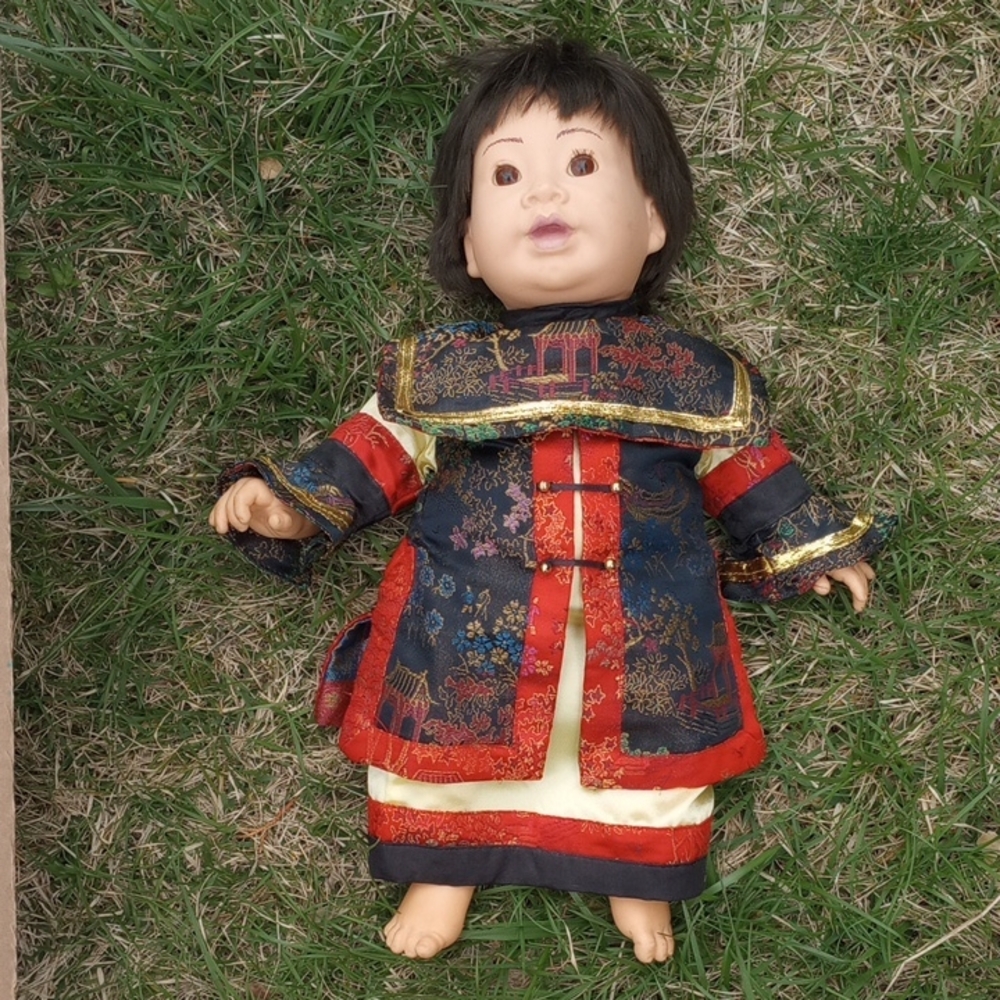 "Real Baby" Vintage Asian Doll w/ Traditional Chinese Satin Outfit, Red, Blue